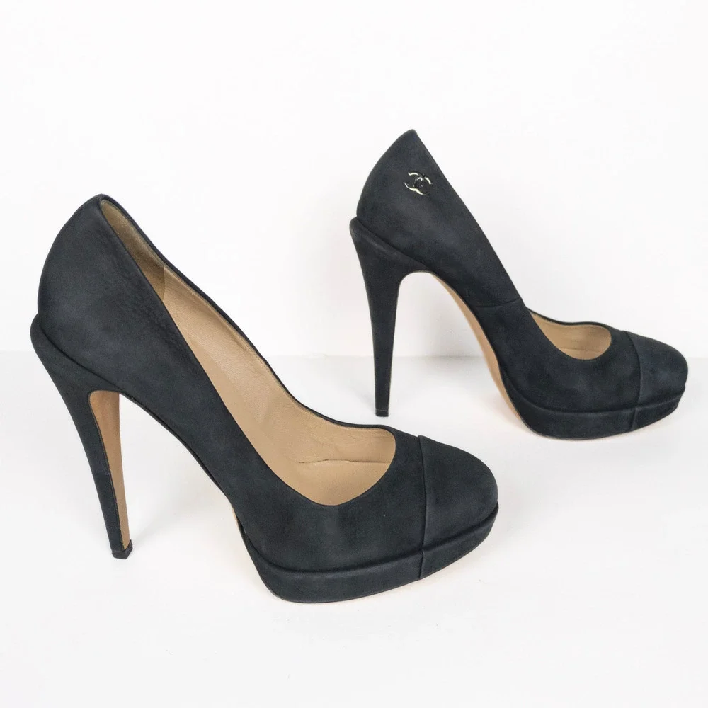 CHANEL Black Calfskin Leather Cap Toe CC Platform Pumps Women's FR 39.5 US 8.5